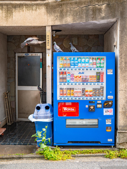 Ein blauer Getränkeautomat in Tokio, auf dem mehrere Tauben sitzen, mit einem Mülleimer und einer Tür im Hintergrund.