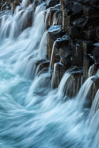 vertical seascape with basalt column washed by the waves. The wave has just crashed and the water is flowing down in multiple small waterfalls. The exposure is slightly longer to make the water smooth but not flat.