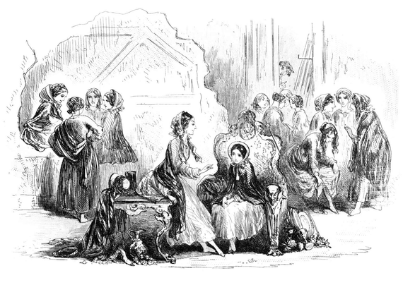 Backstage at a theater, a girl sits in a fancy armchair, having a conversation with her older sister, while several groups of women chat in the background.