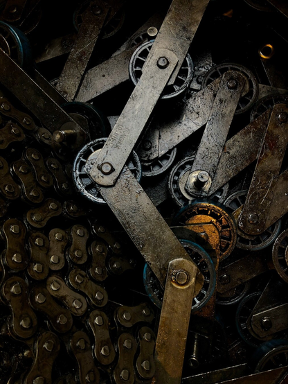 Close up of dark greased metal material (chains, gears) taken from an escalator.