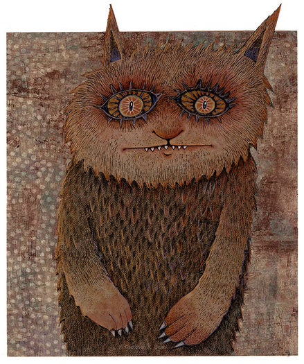 Textured colors of spotted, mottled brown and orange. An ink drawing of a cat/bear-like creature stares with distress and wonder outward. It has a  small nose and a long thin mouth with seven sharp protruding teeth.  It clawed arms hang protectively in front of it.