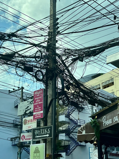 More electrical wires than you can possibly imagine looped and connected to one hydro pole. Some street signs are also attached to the pole and buildings are visible in the background.