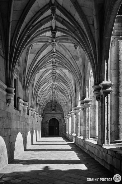 A black-and-white film photo of the cloisters, Monastery of San Salvador de Celanova