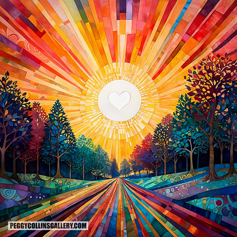 Colorful artwork of a sun with a heart in its center at the end of a multi-colored road and trees, by artist Peggy Collins.