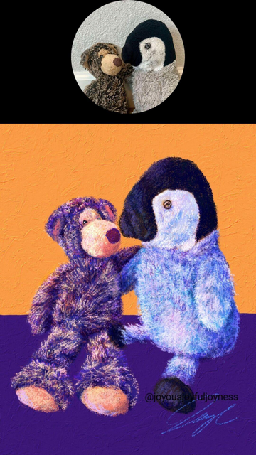 Photo of a stuffed animal teddy bear and a stuffed penguin in a circle at the top. Below is a purple and yellow painting of the same two plush toys. The artist's signature and watermark @joyousjoyfuljoyness are at the bottom right.