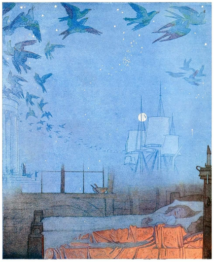 Two children are fast asleep as the back wall of their bedroom dissolves into a dreamworld landscape, with a ship sailing away in the moonlight and flocks of birds darting through the sky.