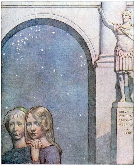 A boy and a girl are side by side, visible from the chest up under the arch of a Roman building. The girl rests her hands on the boy’s shoulder, while the statue of a Roman general stands behind them, its pedestal bearing the following maxim: "Brevis illa voluptas abrogat aeternum coeli decus," which translates to "This short pleasure takes away forever the glory of heaven." This phrase is originally found in "Opus macaronicum" by Teofilo Folengo.