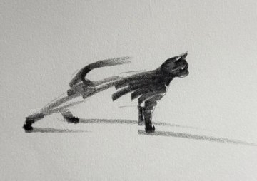 A stylized, black and white sketch of a black cat in a dynamic, stretched pose as if it's about to pounce or run. The body is depicted with energetic, blurred brushstrokes or charcoal lines, conveying a strong sense of movement and speed from left to right.