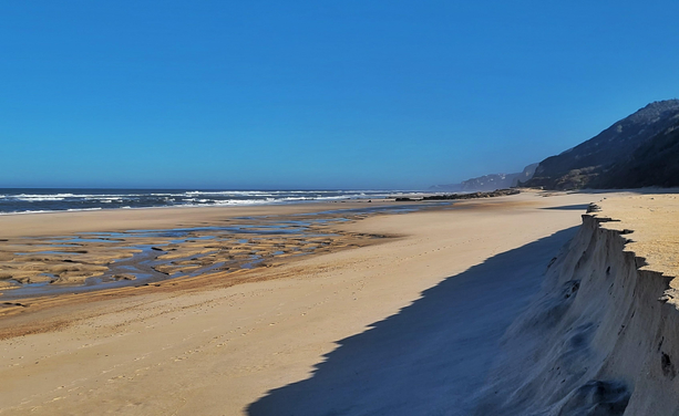 Das Bild zeigt eine weite, sandige Strandszene unter einem klaren, blauen Himmel. Im Vordergrund erstreckt sich ein breiter, glatter Sandstrand, der von einer Reihe von Wasserläufen durchzogen ist, die sich in die Tiefe ziehen. Diese Wasserläufe bilden natürliche Muster im Sand und deuten auf eine niedrige Ebbe hin. Auf der rechten Seite des Bildes ist ein sandiger Klippenabschnitt zu sehen, der sich steil in den Himmel erhebt und die Küstenlinie markiert. Im Hintergrund erstreckt sich das Meer mit sanften Wellen, die an den Strand rollen. Die Küstenlinie wird von einer felsigen Klippe begrenzt, die in der Ferne zu sehen ist. Die Szene ist ruhig und unberührt, ohne Menschen oder menschliche Strukturen, was die natürliche Schönheit der Landschaft betont.