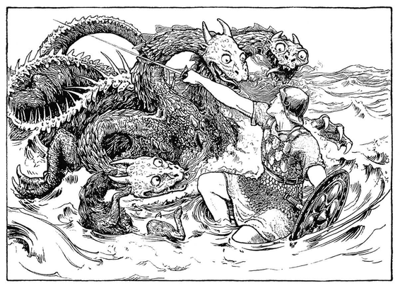 A man armed with a sword and shield fights a three-headed sea monster with the help of his dog.