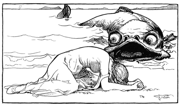 A young woman lies prostrate on the beach as a large fish with bulging eyes emerges threateningly from the sea.