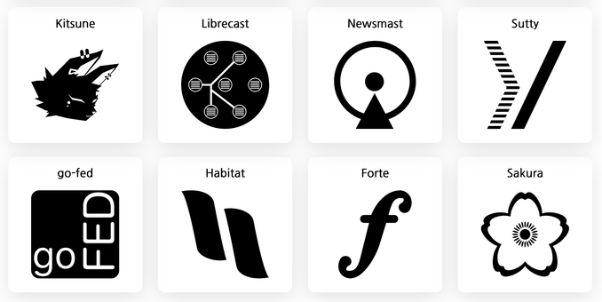 a screenshot of icons for Kitsune, Librecast, Newsmast, Sutty, go-fed, Habitat, Forte, and Sakura