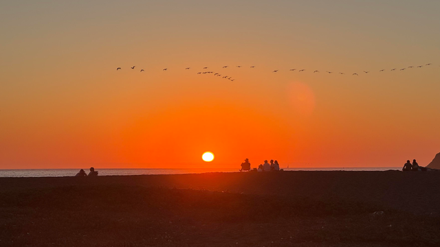 sun setting in a fiery sky. people are silhouetted on a beach in the middle distance 