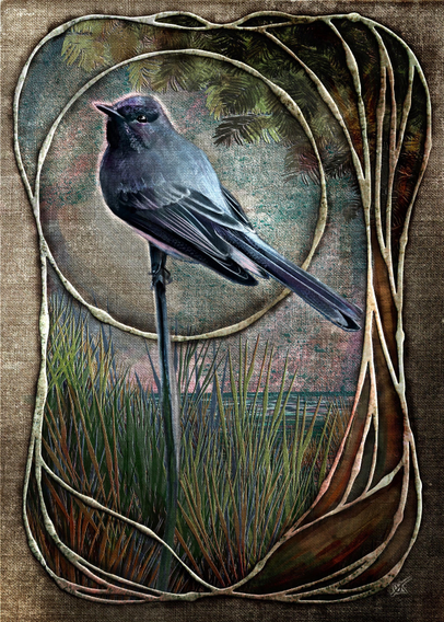 Illustration of a Black Phoebe on a tiny stick branch, surrounded by Art Nouveau-styled filigree framing. A redwood tree, grasses, and a body of water surround the bird. Predominant colors are greens, browns, blues, and pinks.