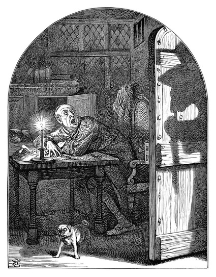 A man sits at a table, counting his money by candlelight. He gapes in terror as the door opens, and the shadow of a figure holding a knife is cast upon it.