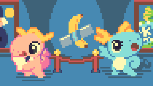 A Pixel Fanart featuring a view of some museum exhibitions, with some paintings at the side and a banana taped at the wall. Next to the banana there are 2 KDE Dragons, one writing in a paper excited and the other pointing at the banana, surprised.
