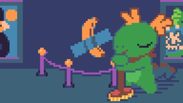 Another Pixel Fanart of the same museum, but at night, where everyone's gone except for Konqi, who has a broom and is standing there, with a relaxed expression.
