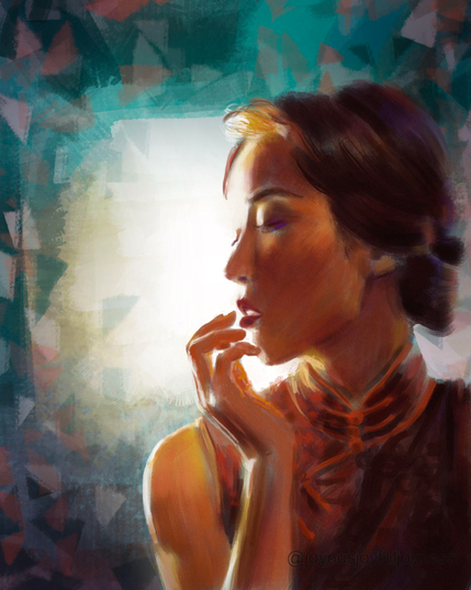 Painting of a Chinese woman with her head turned to her left and her fingers at her lips. Her hair is up and she is wearing a red qipao Chinese dress. There is a white light behind her and the background is blue with red triangles.
