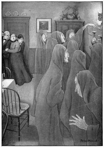 A group of ghostly figures wearing black hooded robes is gathered on the right side of the picture around the image of a cat, performing a mysterious ritual, while more ordinary and plain-looking people stand in the background, looking alarmed.