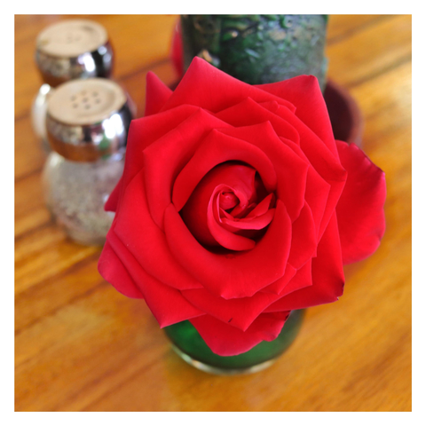 Photo of a rose in a small green vase, sitting on a wooden Lazy Susan along with salt and pepper shakers and a green decorative candle. The rose is in closeup, with the camera looking directly at its center, from which its velvety red petals unfold.