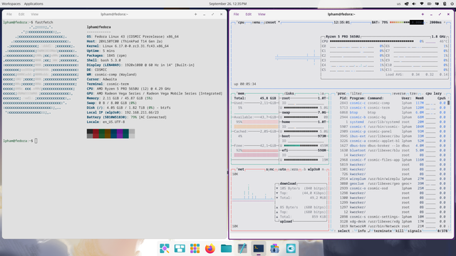 Two terminal windows open tiled left and right, with the left terminal window showing system information from the fastfetch command and the right terminal window showing system activity using btop. The system is running the COSMIC spin/remix of Fedora Linux 43 Beta.