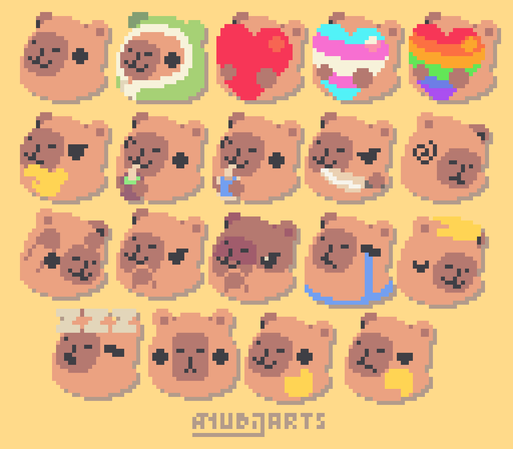 A Pixel Art collection of 19 blob emojis based on Capybaras (Capyblobs if you will). They are the following:

A Capyblob looking at the side happy, a Capyblob inside a blanket, a Capyblob holding a heart (along with variants containing the trans and pride flags), a Capyblob thinking, a Capyblob drinking mate/water, a Capyblob looking menacingly with a knife, a Capyblob that's looking at the opposite side dizzy, a Capyblob facepalming, a Capyblob scheming with an evil expression (along with an edited version that adds shadow to their face), a Capyblob crying, a Capyblob being pet, a Capyblob sleeping, a Capyblob looking towards the camera, and a Capyblob giving thumbs up/down.