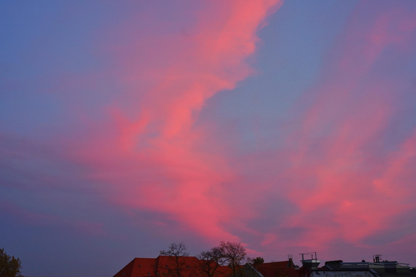 Rosa Sonnenuntergangswolken am dunkelblauen Himmel