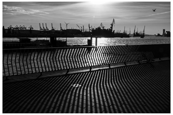 Schwarz weiß Bild. Hafen. Kräne. Tiefe Sonne. Lange Schatten. 