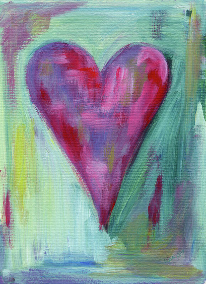 Abstract Purple Heart is a colourful abstract acrylic painting in portrait format painted by artist Karen Kaspar. A heart shape in vivid shades of purple, pink and red dances on a blue and green background. 
