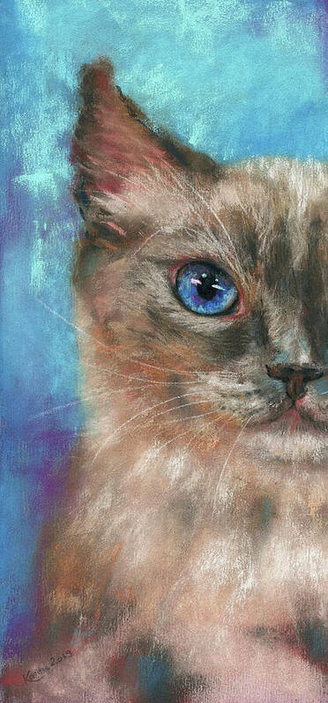 Portrait of a Blue-Eyed Cat is a cat portrait painted with soft pastels by artist Karen Kaspar. A beautiful Siamese cat with bright blue eyes has been painted against an abstract background whose tones of blue and purple reflect the color of the eyes. To add tension to the portrait, I only painted half of the head and upper body in an exceptional vertical panorama format.