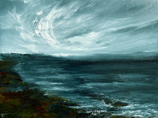 Original seascape oil painting by Tisha Mark, "A Shared Laugh" 6"x8" oil on Ampersand Gessobord (2025). A seascape painting with a gray-blue sky with textured, atmospheric cloud formations over a dark blue sea. Waves are meeting a rocky shore, and there are hints of green moss and red algae on the rocks.