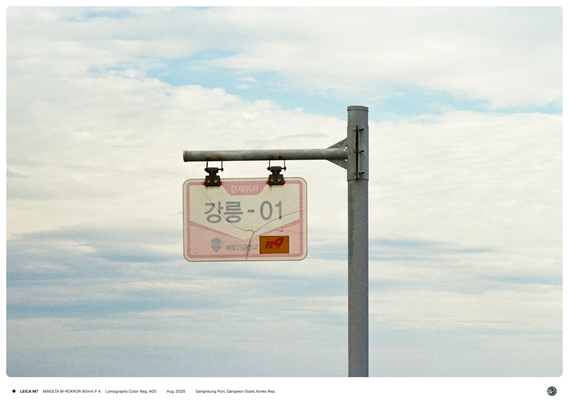 쇠파이프로 만들어진 이정표에 "현재위치 강릉-01"이란 글씨가 적혀 있는 모습.