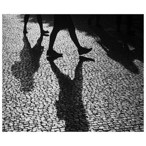 This black-and-white photograph captures the shadows of two people walking on a cobblestone street. The angle of the sunlight creates long, dramatic shadows that stretch across the textured pavement. The image focuses on the interplay of light and shadow, emphasizing the patterns created by the cobblestones and the silhouettes of the pedestrians. (draft by mistral, revised by author)