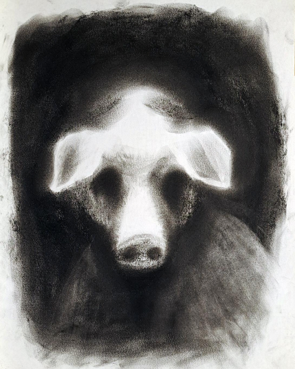Creepy charcoal portrait of a large person with a pig's head.