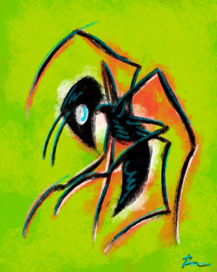 Rough and colorful digital painting of a stylized ant in a spiderlike dynamic pose, almost as if in attack.