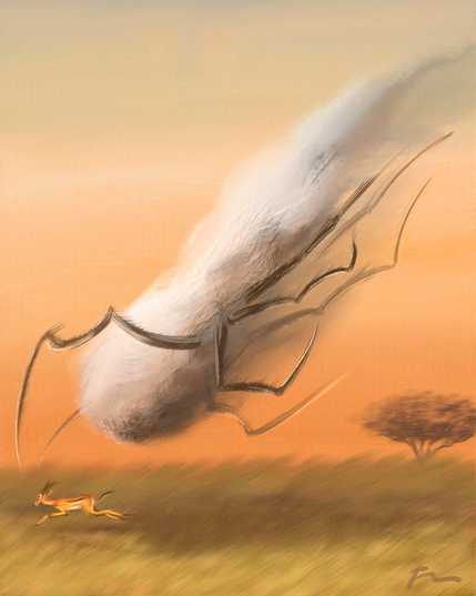 Digital painting of a collosal arachnid pouncing on a fleeing gazelle. Its features are obscured by a cloud of spiderweb, with only the legs protuding.