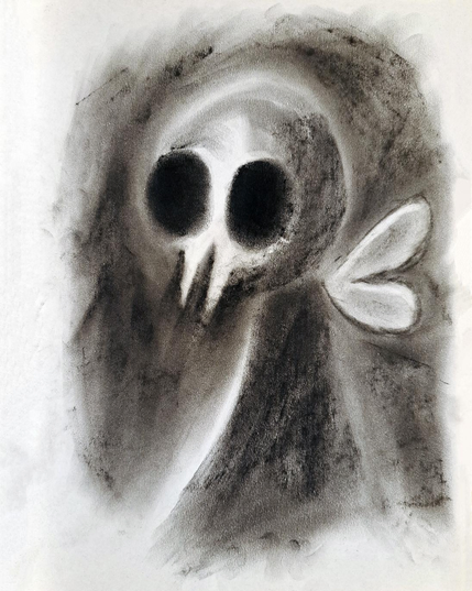 Spooky charcoal drawing of a little bone fairy.