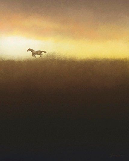 Minimalist digital painting of a horse galloping across the prairie. The sun is faintly illuminating heavy clouds in a golden sky; the composition is dominated by the vastness beneath the horse's hoofs.
