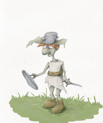 Zeichnung eines grünen Kobolds, welcher einen Topf als Helm trägt, einen Topfdeckel in der rechten Hand als Schild und ein kleines Schwert in der linken. Der Kobold guckt verunsichert, ist ärmlich gekleidet und hat rote Haare. Er steht auf einer Wiese.