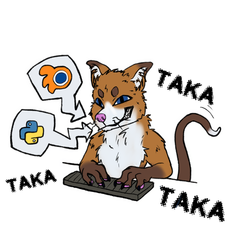 A drawing of my foxcat fursona typing on a keyboard while grinning mischievously, with icons of Blender and Python in bubbles, implying I'm doing some scripting in Blender.