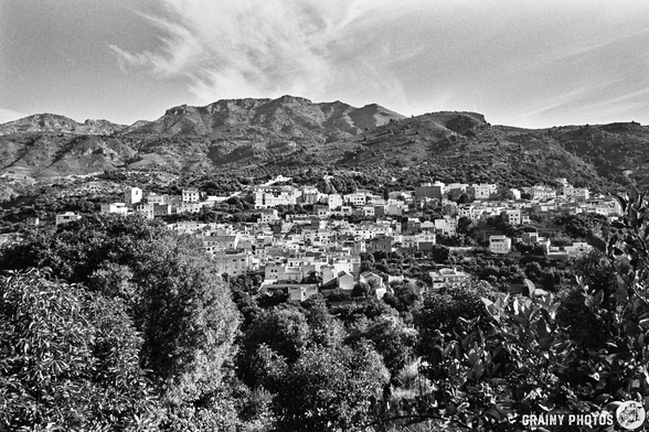 Black and white photo of Guájar-Faragüit, a hillside village with clustered white buildings surrounded by trees, set against rugged mountains and a partly cloudy sky.