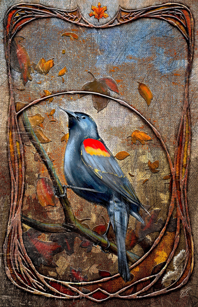 Illustration of a Red-Winged Blackbird in an autumnal scene, perched on a branch amongst falling leaves, surrounded by burnished filligree on  a textured canvas. Colors are browns and oranges, with blues in the distant suggested sky that match the blue blacks in the blackbird.