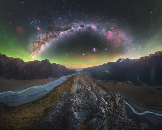 "This is one of my biggest astrophotography accomplishments to date, and the largest panorama I have ever captured, with the full resolution image containing over a billion pixels from 62 images stitched together. I had envisioned this composition for a long time, capturing the twin glacial rivers with the Milky Way core off to the left of the image, as well as the famous Southern Cross and other pointers high in the centre sky."