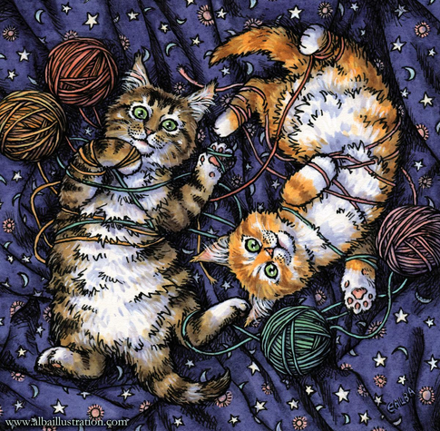 Illustration of two cats tangled with yarn lying on a blanket and looking up at the viewer with smiles.