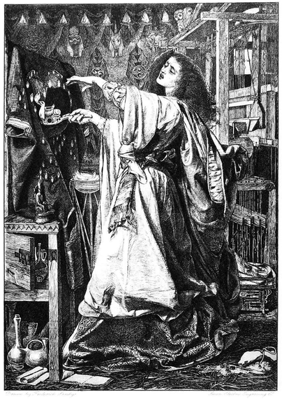 Morgan is seen performing a magic ritual involving a robe designed to engulf King Arthur in flames and a lamp shaped like an imaginary animal, which she passes over the robe. Behind her stands the loom she used to weave it.