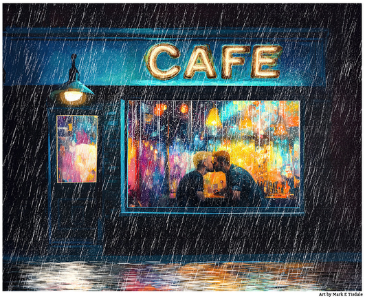 street view of a business with a large cafe sign above a big window. About the bottom center of the rain streaked glass you can see two men kissing. In the foreground are wet reflections in the pavement. 