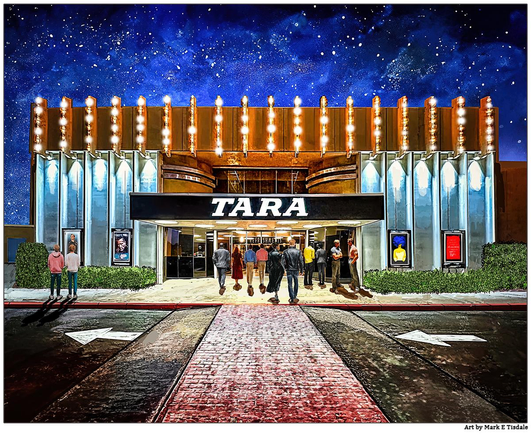 Digital art depicting a movie theatre at night beneath a starry night sky. The building is filled with vertical lines and the top if covered in bright lights. There are people on the sidewalk beneath the sign heading into the movies. 