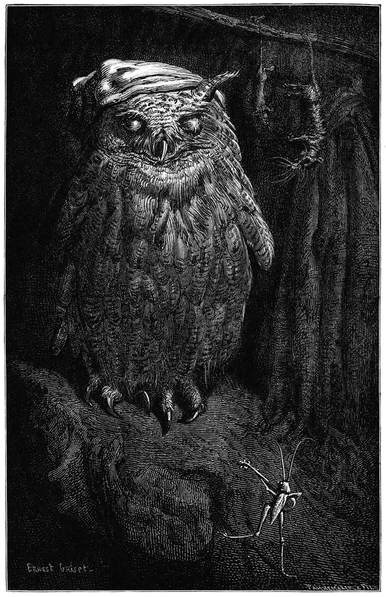 The grasshopper comes to a sleeping owl in a nightcap singing and playing the guitar