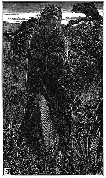 Harold Harfagr stands next to a tree that is mostly out of frame, with a crow or raven perched on it, seemingly whispering to him.