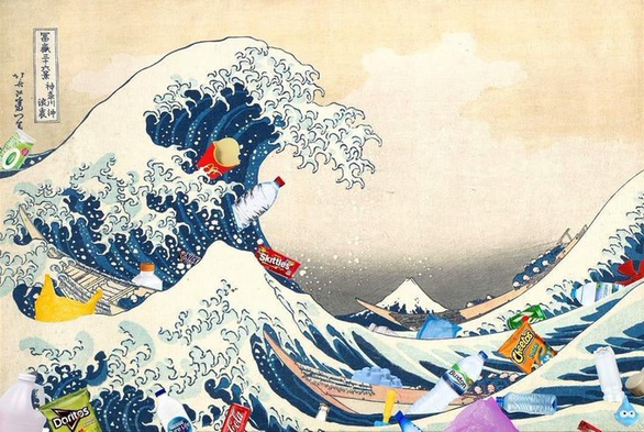 A modified version of Hokusai's famous woodblock print, "The Great Wave off Kanagawa," edited to make a statement about ocean pollution. The iconic blue and white waves are filled with modern plastic trash, including water bottles, snack bags, and other single-use plastic items.